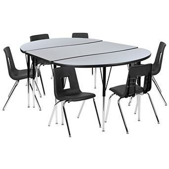 Emma and Oliver 76" Oval Wave Activity Table Set with 18" Student Stack Chairs, Oak/Black
