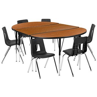 Emma and Oliver 76" Oval Wave Activity Table Set with 18" Student Stack Chairs, Oak/Black