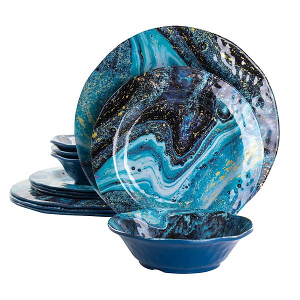 Gibson Home Elixir 12 Piece Melamine Dinnerware Set in Blue