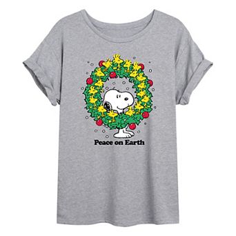 Juniors' Peanuts "Peace" Wreath Oversized Graphic Tee
