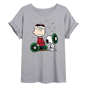 Juniors' Peanuts Charlie Brown & Snoopy Wreaths Oversized Graphic Tee