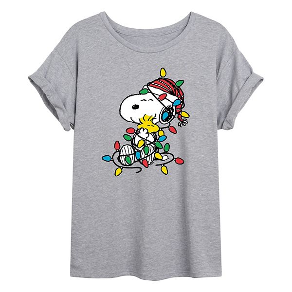 Juniors' Peanuts Snoopy & Christmas Lights Oversized Graphic Tee