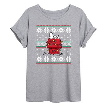 Juniors' Peanuts Christmas Doghouse Oversized Graphic Tee