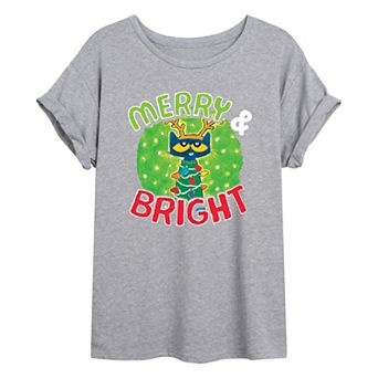 Juniors' Pete The Cat Merry & Bright Oversized Graphic Tee