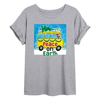 Juniors' Pete The Cat Peace On Earth Oversized Graphic Tee