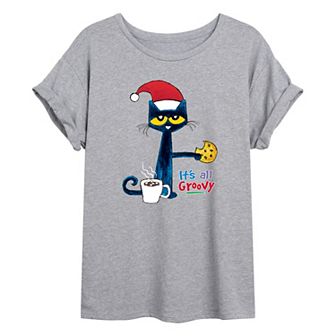 Juniors' Pete The Cat Santa Hat Oversized Graphic Tee