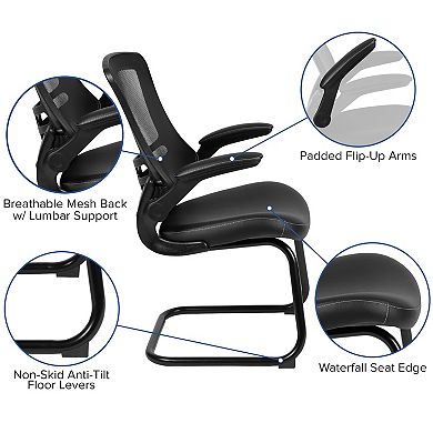 Emma and Oliver Black Mesh Sled Base Side Reception Chair with Flip-Up Arms-Office Waiting Room