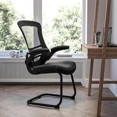Emma and Oliver Black Mesh Sled Base Side Reception Chair with Flip-Up Arms-Office Waiting Room
