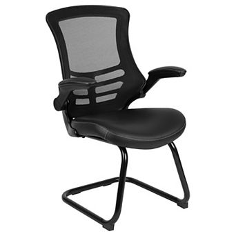 Emma and Oliver Black Mesh Sled Base Side Reception Chair with Flip-Up Arms-Office Waiting Room