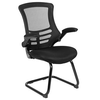 Emma and Oliver Black Mesh Sled Base Side Reception Chair with Flip-Up Arms-Office Waiting Room