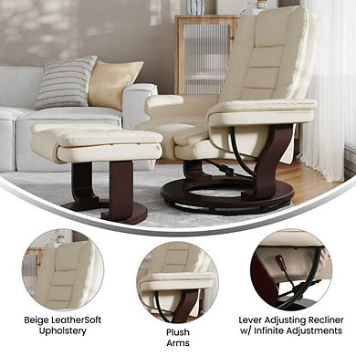 Emma and Oliver Multi-Position Stitched Recliner & Ottoman with Swivel Base in Brown LeatherSoft