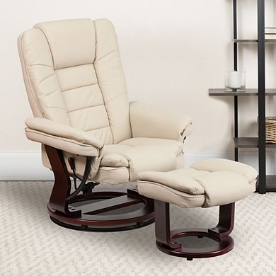 Emma and Oliver Multi-Position Stitched Recliner & Ottoman with Swivel Base in Black LeatherSoft