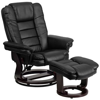 Emma and Oliver Multi-Position Stitched Recliner & Ottoman with Swivel Base in Black LeatherSoft