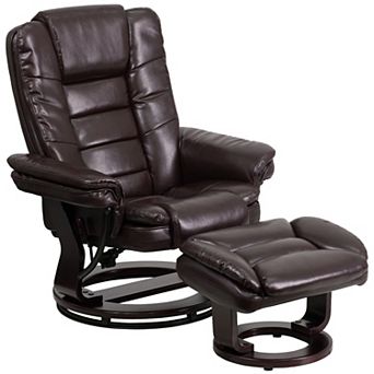 Emma and Oliver Multi-Position Stitched Recliner & Ottoman with Swivel Base in Black LeatherSoft