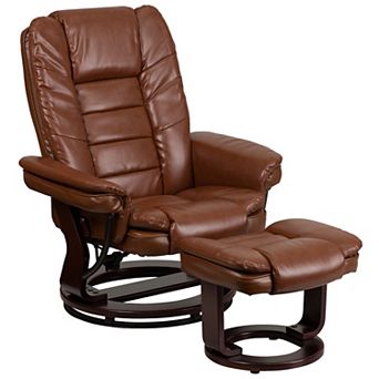 Emma and Oliver Multi-Position Stitched Recliner & Ottoman with Swivel Base in Black LeatherSoft