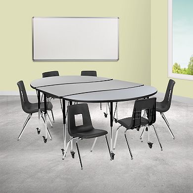 Emma and Oliver Mobile 86" Oval Wave Activity Table Set-16" Student Stack Chairs, Oak/Black