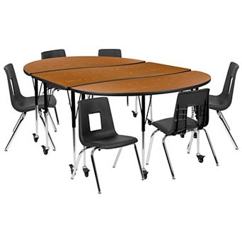 Emma and Oliver Mobile 86" Oval Wave Activity Table Set-16" Student Stack Chairs, Oak/Black