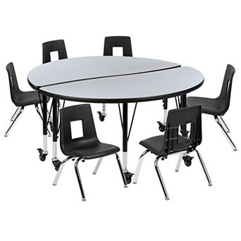 Emma and Oliver Mobile 47.5" Circle Wave Activity Table Set-14" Student Stack Chairs, Oak/Black