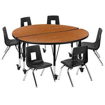 Emma and Oliver Mobile 47.5" Circle Wave Activity Table Set-14" Student Stack Chairs, Oak/Black