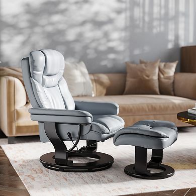 Emma and Oliver Multi-Position Recliner/Curved Ottoman - Swivel Wood Base in Black LeatherSoft