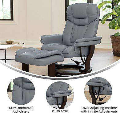 Emma and Oliver Multi-Position Recliner/Curved Ottoman - Swivel Wood Base in Black LeatherSoft