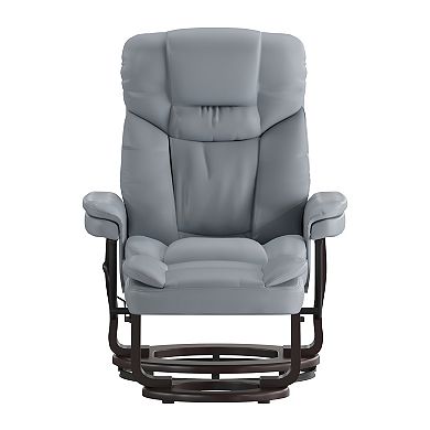 Emma and Oliver Multi-Position Recliner/Curved Ottoman - Swivel Wood Base in Black LeatherSoft