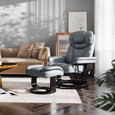 Emma and Oliver Multi-Position Recliner/Curved Ottoman - Swivel Wood Base in Black LeatherSoft