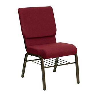 Emma and Oliver 18.5"W Church Chair, Black Patterned Fabric Book Rack/Gold Vein