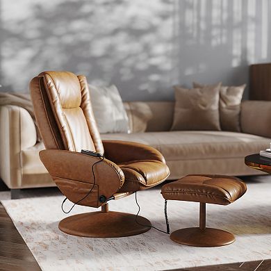 Emma and Oliver Massaging Multi-Position Plush Side Pocket Recliner/Ottoman in Black LeatherSoft