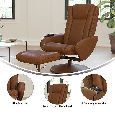 Emma and Oliver Massaging Multi-Position Plush Side Pocket Recliner/Ottoman in Black LeatherSoft
