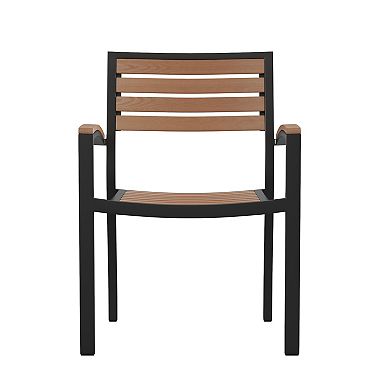 Emma and Oliver Set of 4 Stackable All-Weather Black Aluminum Patio Chairs with Faux Teak Slats