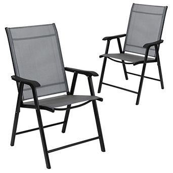 Emma and Oliver Gray Outdoor Folding Patio Sling Chair with Black Frame / Portable Chair (2 Pack)