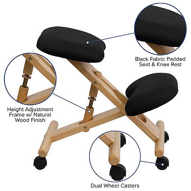 Emma and Oliver Mobile Wooden Ergonomic Kneeling Office Chair in Black Fabric
