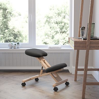 Emma and Oliver Mobile Wooden Ergonomic Kneeling Office Chair in Black Fabric