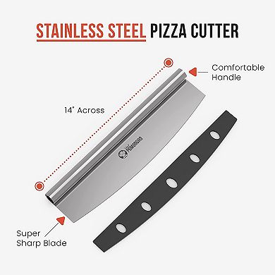 Chef Pomodoro Pizza Cutter Rocker Knife with Protective Cover, Multipurpose 14 Inch Mezzaluna Chopper with Super Sharp Stainless Steel Blade, Blade Cover, Premium Pizza Accessories Dishwasher Safe