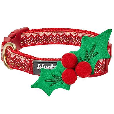 Blueberry Pet Christmas Zigzag Chevron Dog Collar with Detachable Holly Decor