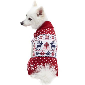 Blueberry Pet Christmas Reindeer Dog Jacquard Sweater in Tango Red