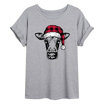 Juniors' Cow With Santa Hat Oversized Graphic Tee