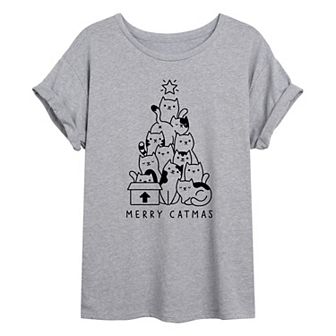 Juniors' Merry Catmas Tree Oversized Graphic Tee