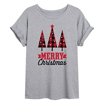Juniors' Plaid Christmas Trees Oversized Graphic Tee