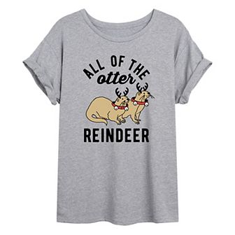 Juniors' Otter Reindeer Oversized Graphic Tee
