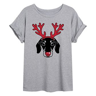 Juniors' Dachshund Reindeer Oversized Graphic Tee