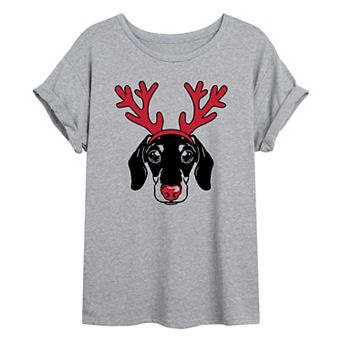 Juniors' Dachshund Reindeer Oversized Graphic Tee