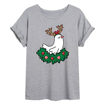 Juniors' Christmas Chicken Oversized Graphic Tee