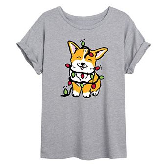 Juniors' Christmas Corgi Oversized Graphic Tee