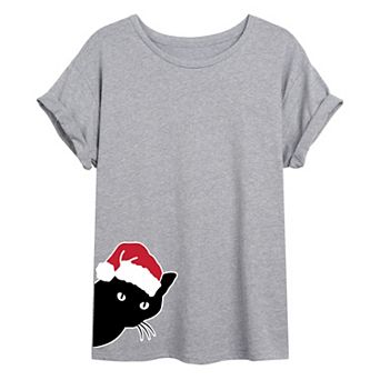 Juniors' Peeking Holiday Cat Oversized Graphic Tee