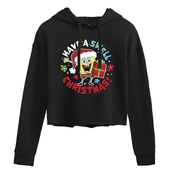 Juniors' Nickelodeon SpongeBob Have A Swell Christmas Cropped Graphic Hoodie