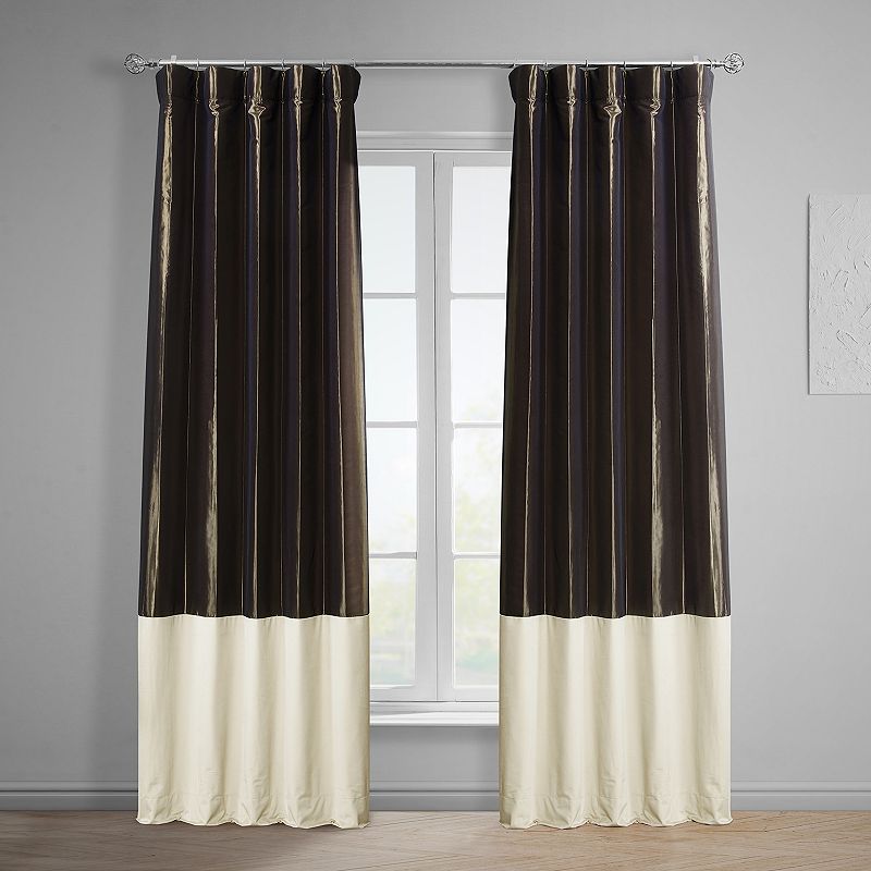 Banded Java Faux Silk Taffeta & Au Lait Creme Plush Velvet Curtain (1 Panel)  Java & Au Lait Creme  50W X 96L