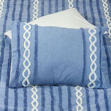 Polperro Blue Tufted Chenille Geometric Duvet Cover Set King (104"x92") with Pillow Sham