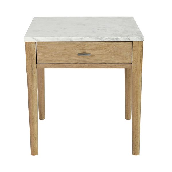 Alto 18" Square Italian Carrara White Marble Side Table with Oak Leg